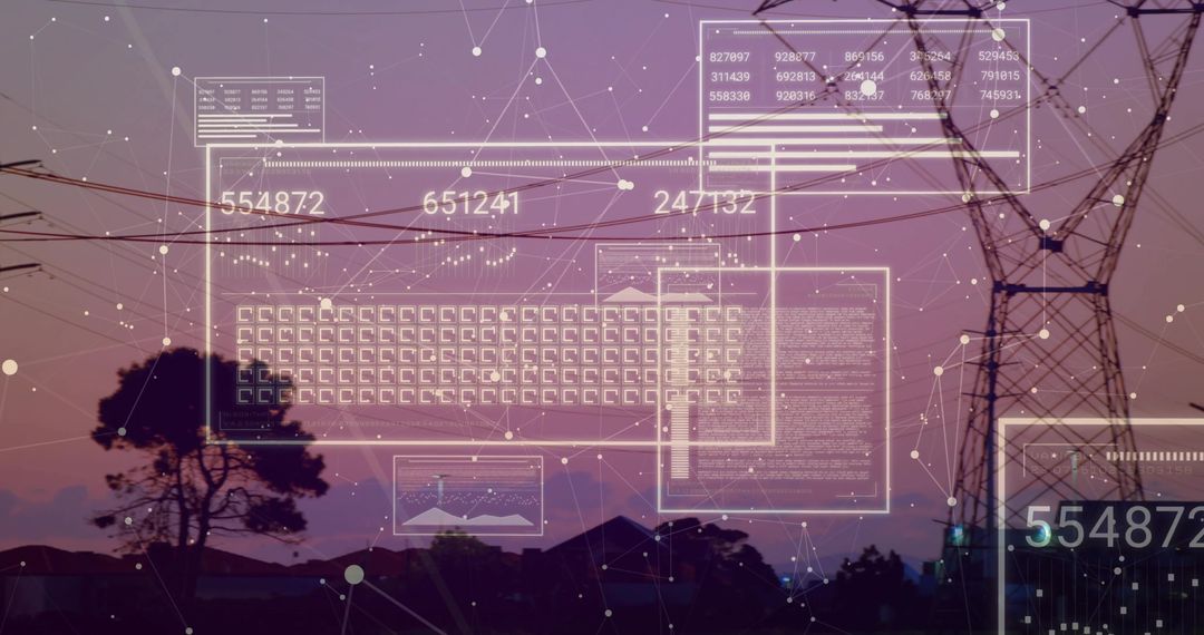 Futuristic Data Network Over Transmission Towers at Dusk