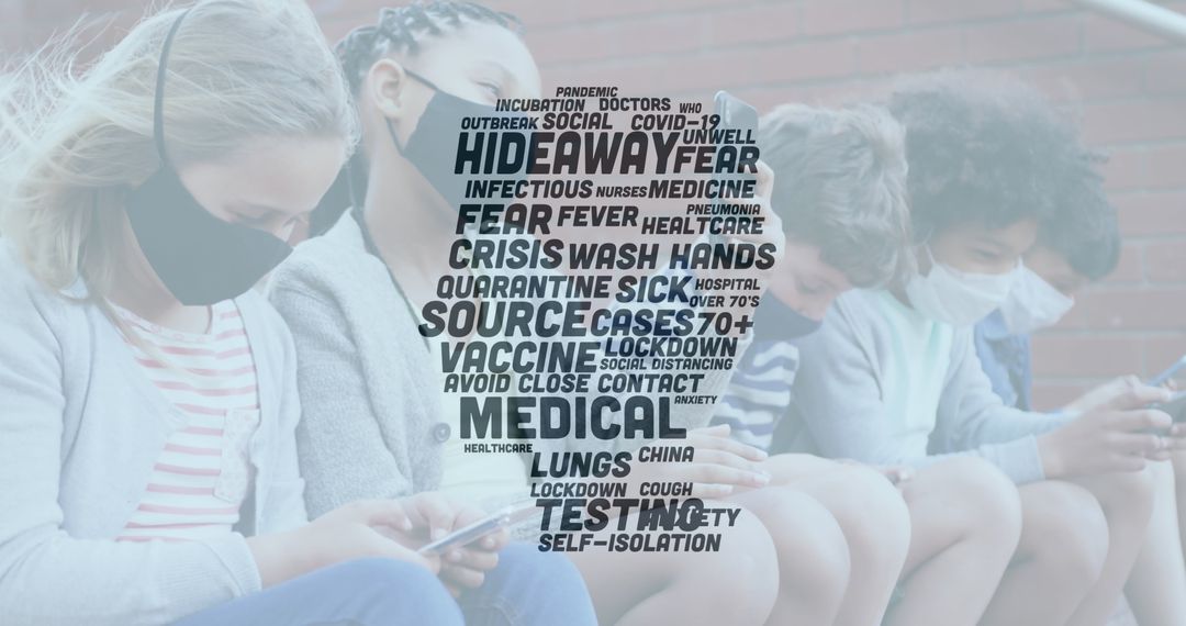 Students with Masks Holding Smartphones Amid Pandemic Keywords