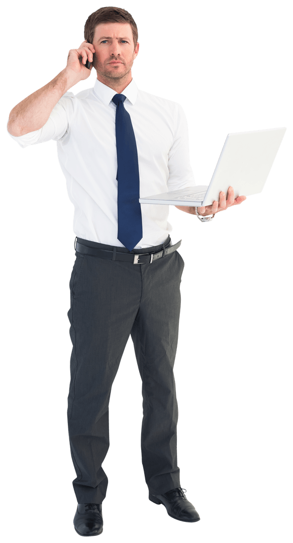 Transparent Businessman with Laptop and Phone Stands Confidently