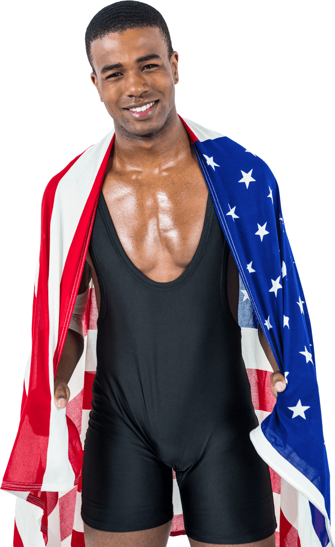African American Athlete Posing with USA Flag on Transparent Background