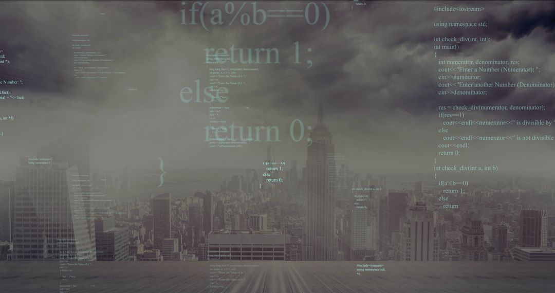 City Skyline Merged with Programming Code for Modern Digital Technology