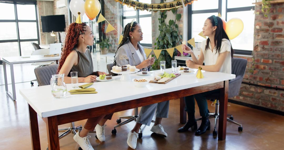 Diverse Colleagues Celebrating Birthday in Office, Sharing Food and Drinks