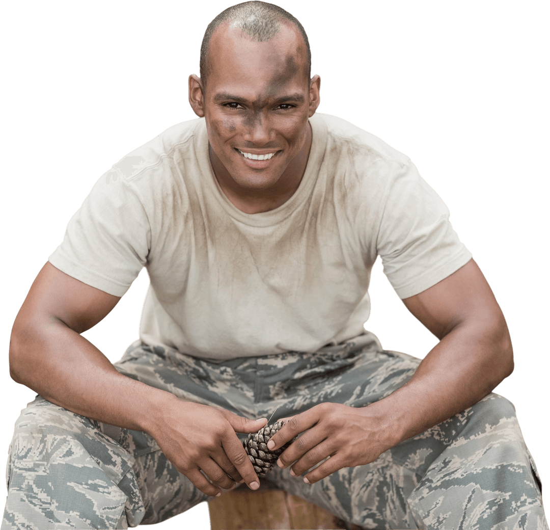 Smiling Biracial Soldier in Uniform on Transparent Background