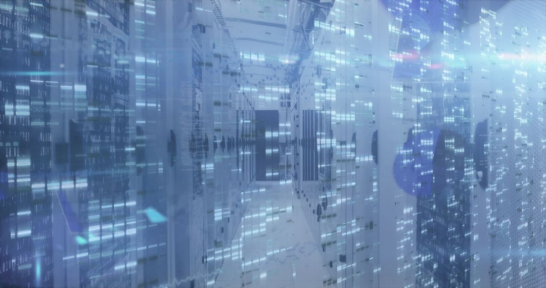 Futuristic Data Center with Streaming Digital Data Overlay