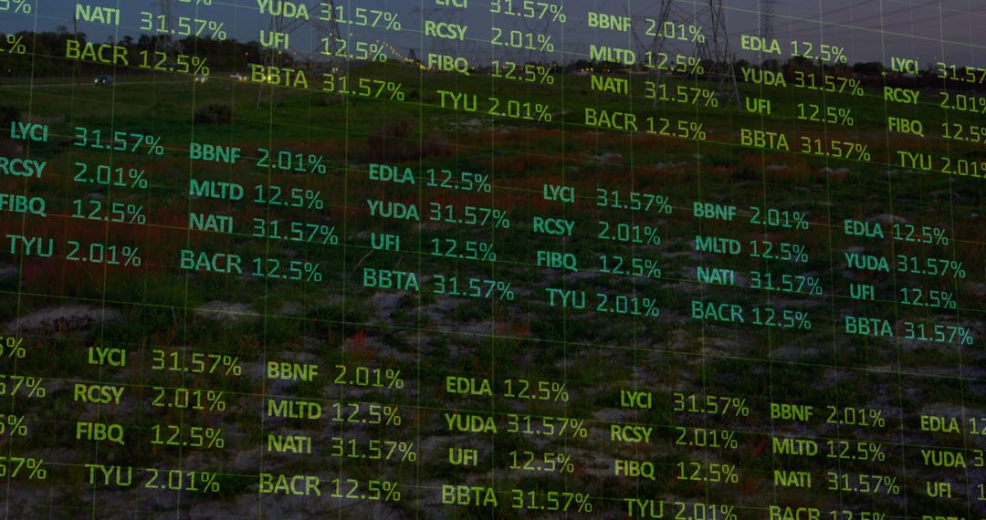 Neon Financial Ticker Grid Overlaying Rural Hillside Showing Data Visualization Tech Contrast