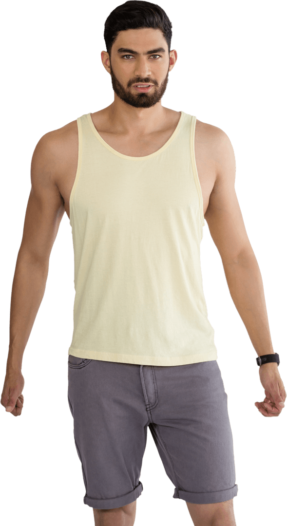Confident Man in Yellow Tank Top and Shorts Posing Transparent Background