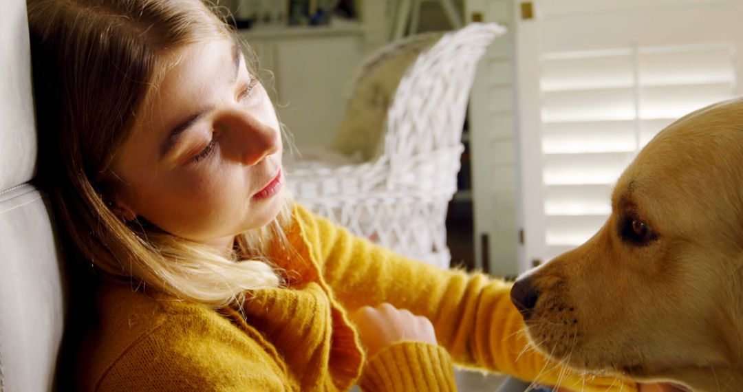 Young Woman Relaxing Indoors with Labrador Retriever Dog - Free Images, Stock Photos and Pictures on Pikwizard.com