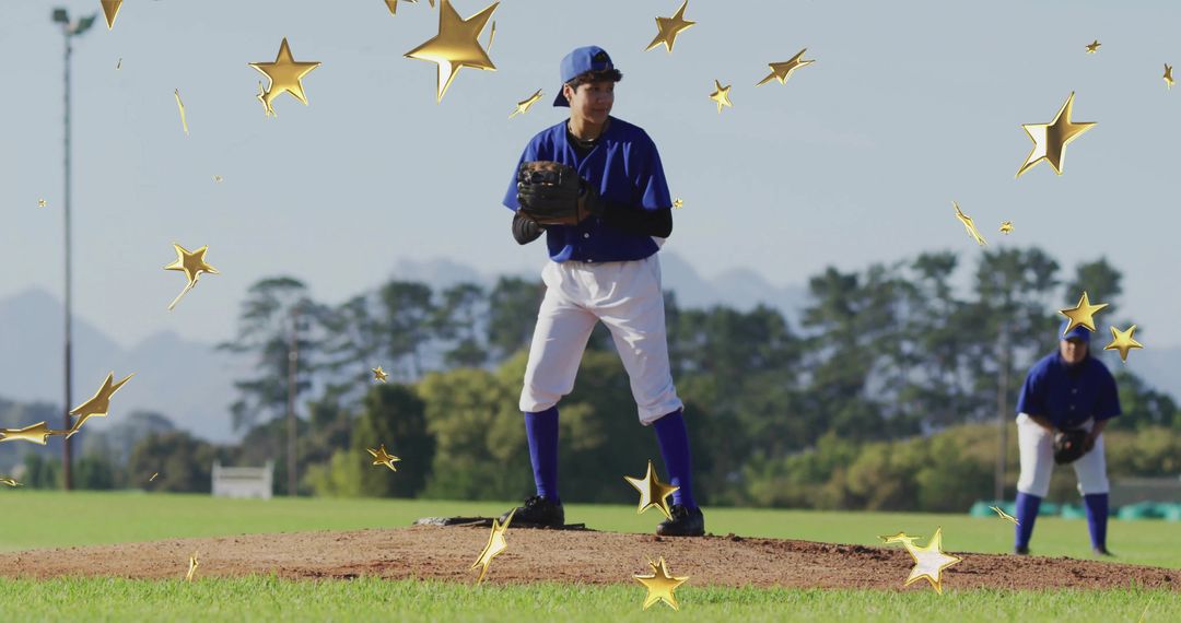 Teenage Baseball Pitcher Ready to Throw on Mound Amid Sparkling Effects