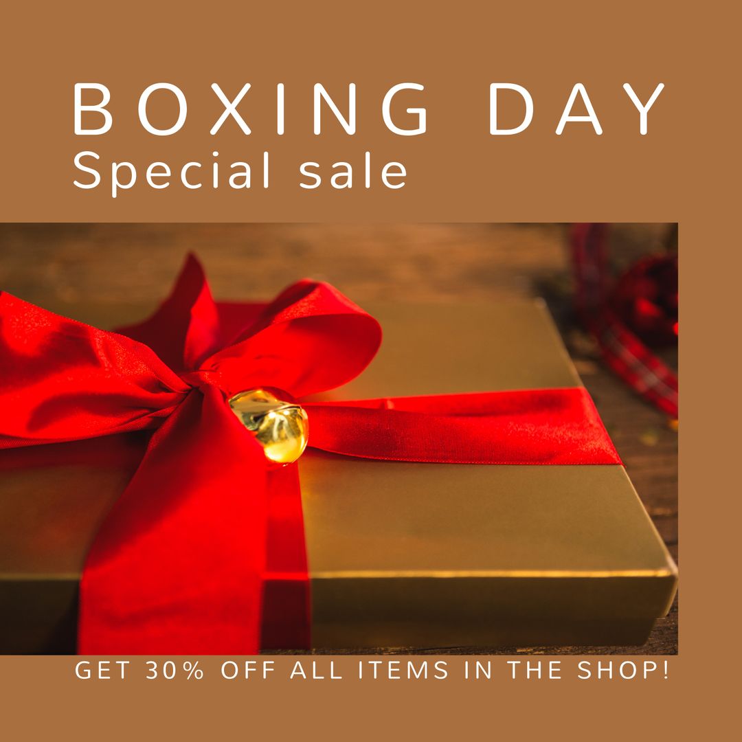Boxing Day Sale with Festive Christmas Gift and Red Ribbon