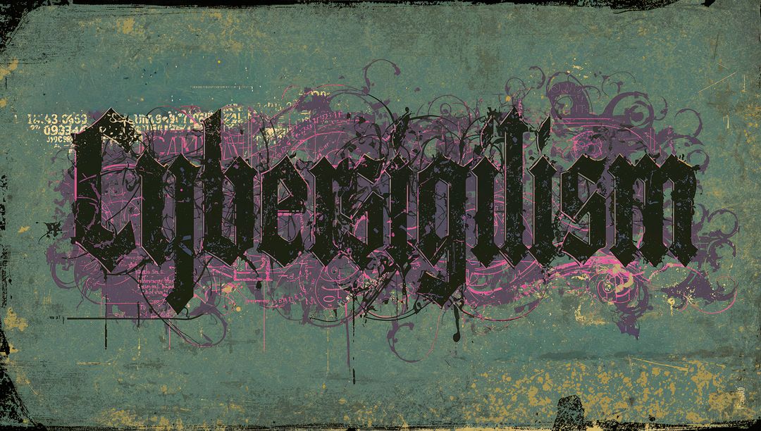Gothic Text Art on Grunge Background with Purple Swirls