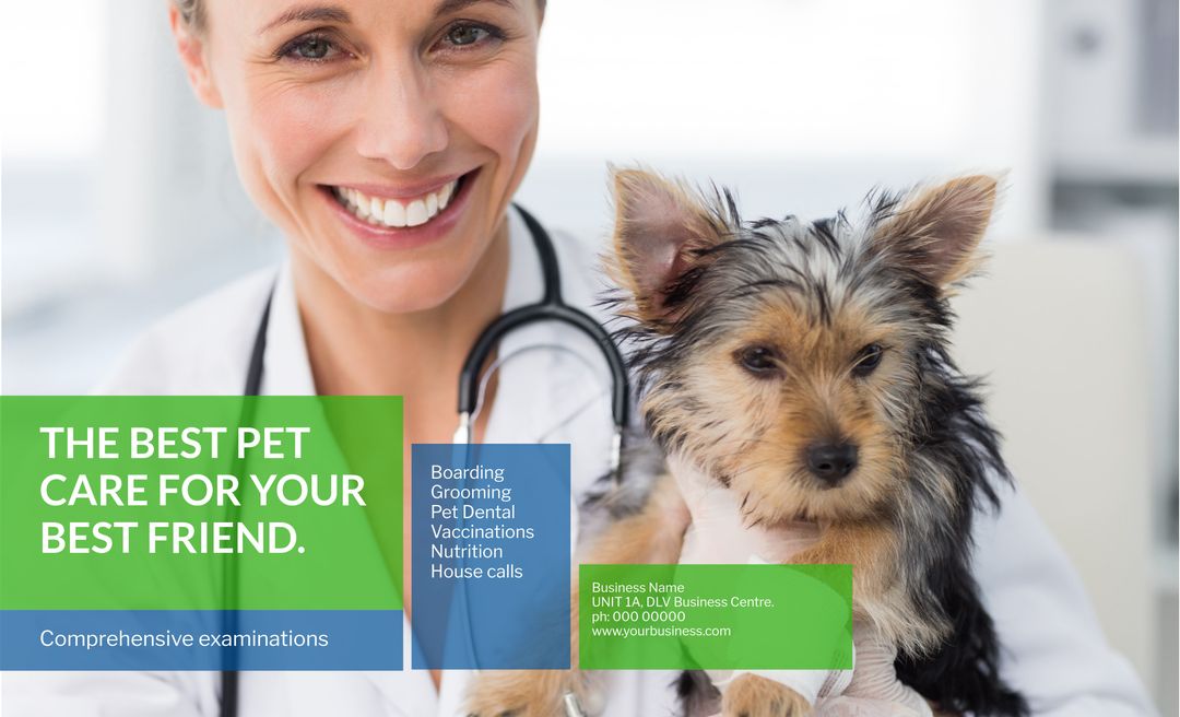Smiling Veterinarian Holding Dog for Pet Care Promotion