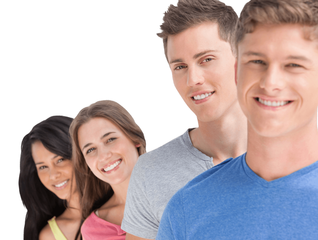 Young Adults Smiling in Line on Transparent Background