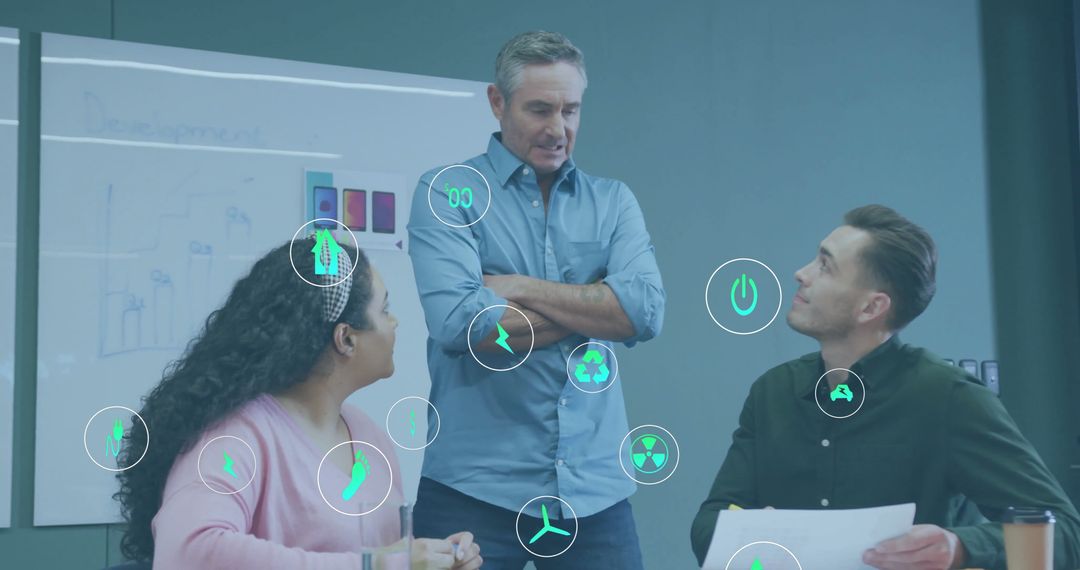 Diverse Team Discussing Eco-Friendly Ideas with Digital Overlay