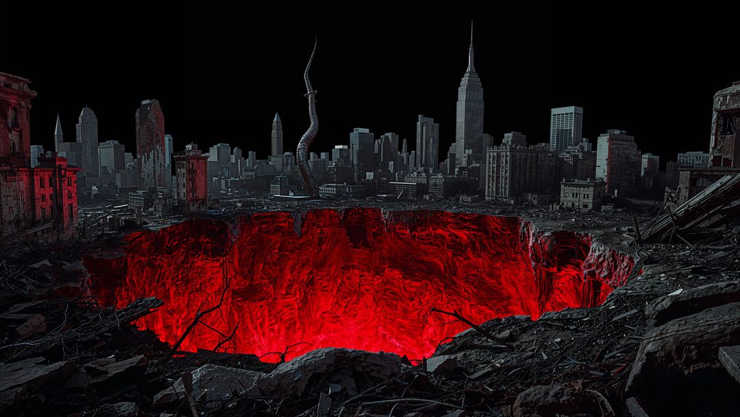 Apocalyptic Crater Illuminates Ruined Cityscape Under Red Glow