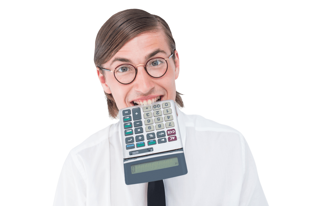 Transparent Geeky Businessman Playfully Biting Calculator - Download Free Stock Images Pikwizard.com