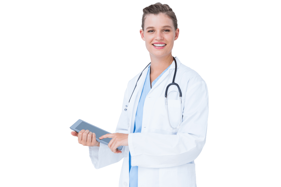 Transparent Smiling Doctor Holding Tablet PC with Stethoscope