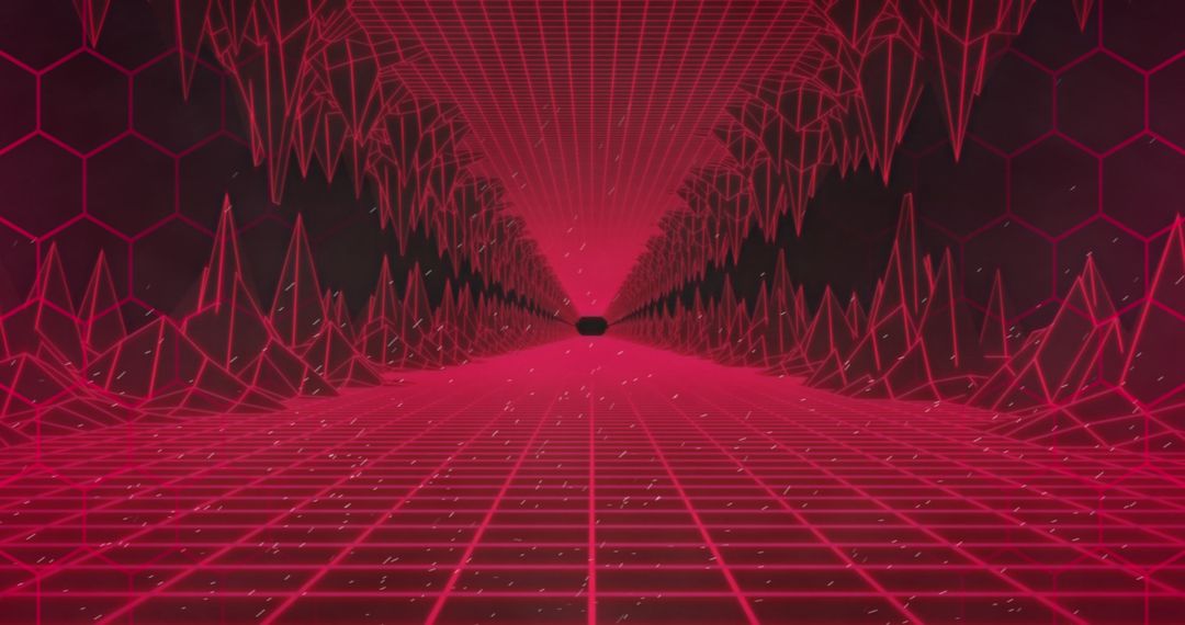 Futuristic Red Digital Grid Tunnel with Light Spots