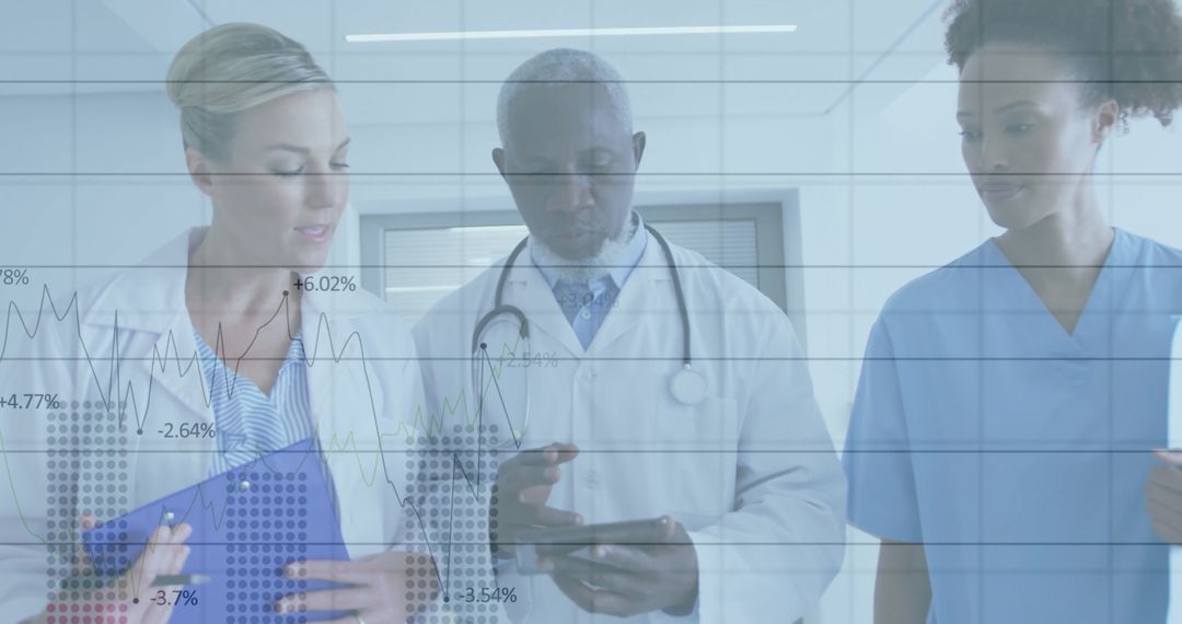 Medical Team Walking in Hospital Analyzing Data with Technological Collaboration