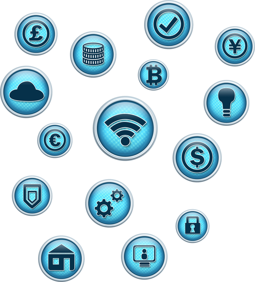Transparent Blue Icon Set Representing Technology and Finance