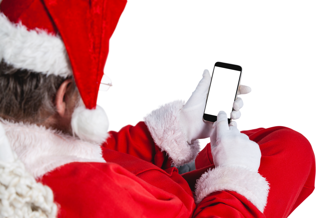 High Angle View of Santa Claus Holding Mobile Phone with Transparent Background - Download Free Stock Images Pikwizard.com