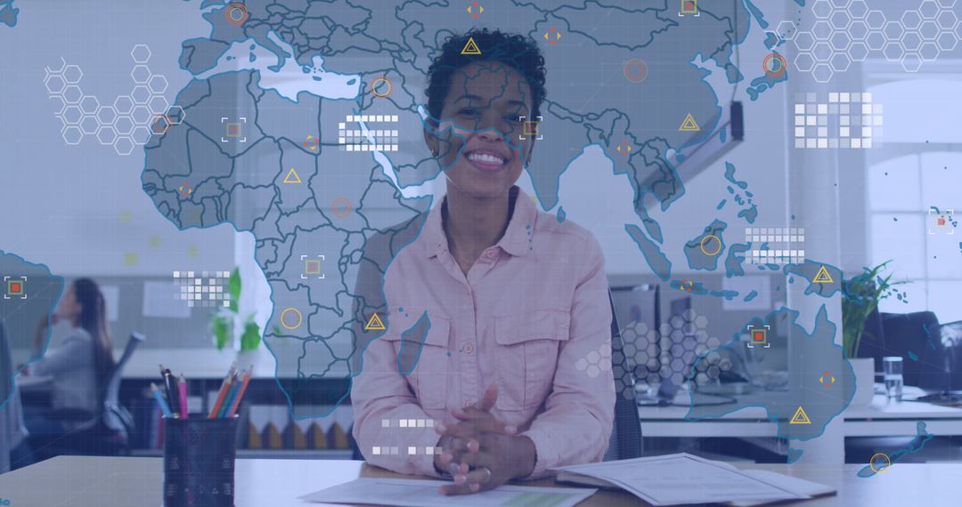 Businesswoman Smiling with World Map Interface Overlay
