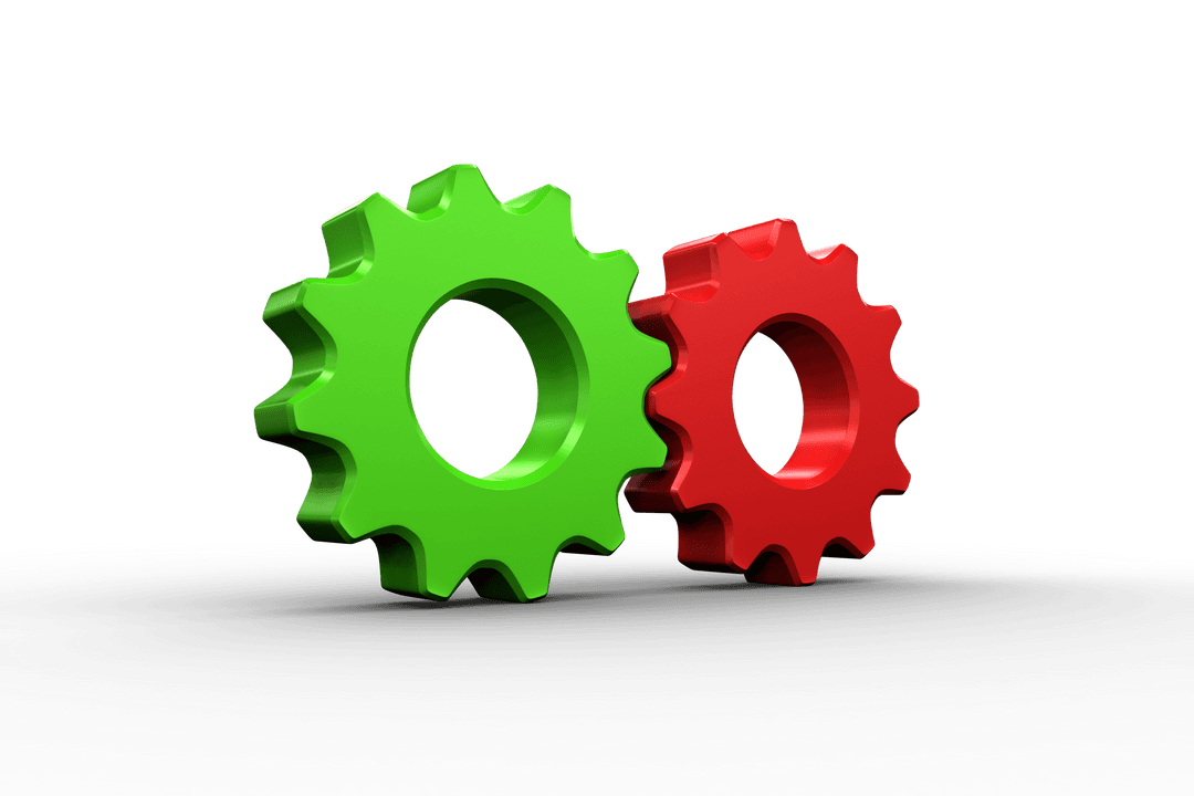 Interlocked Red and Green Cogs on Transparent Background