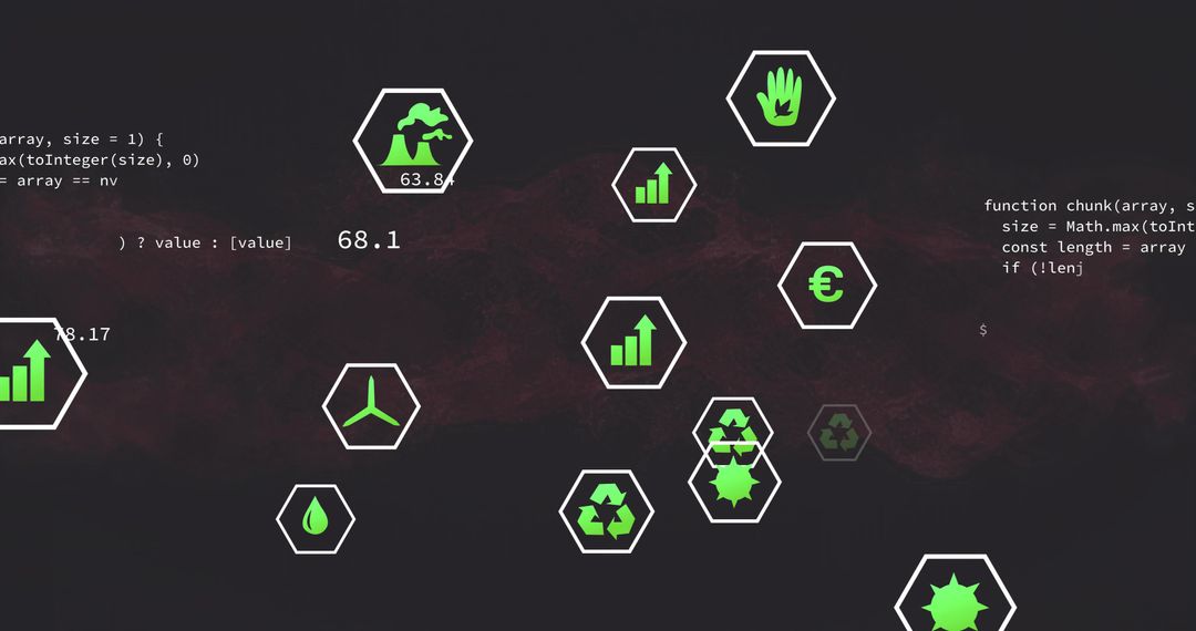 Displaying center cluster of green sustainability icons on dark digital dashboard with hex frames an