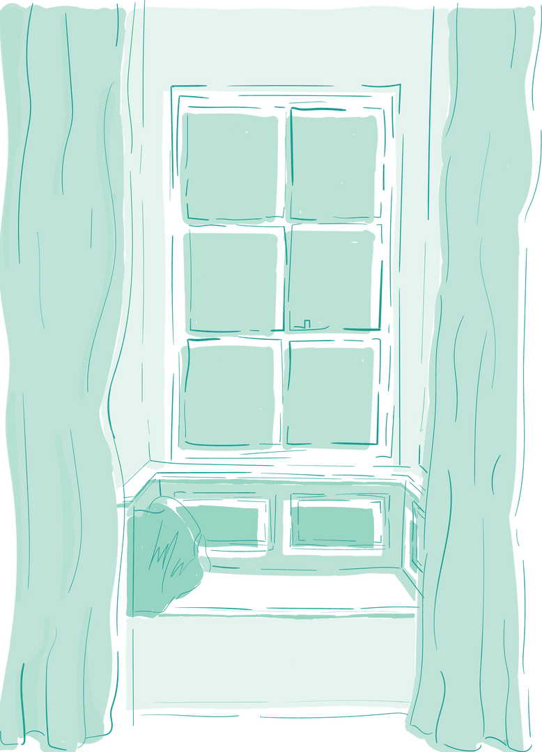 Hand-drawn transparent home window illustration with curtains