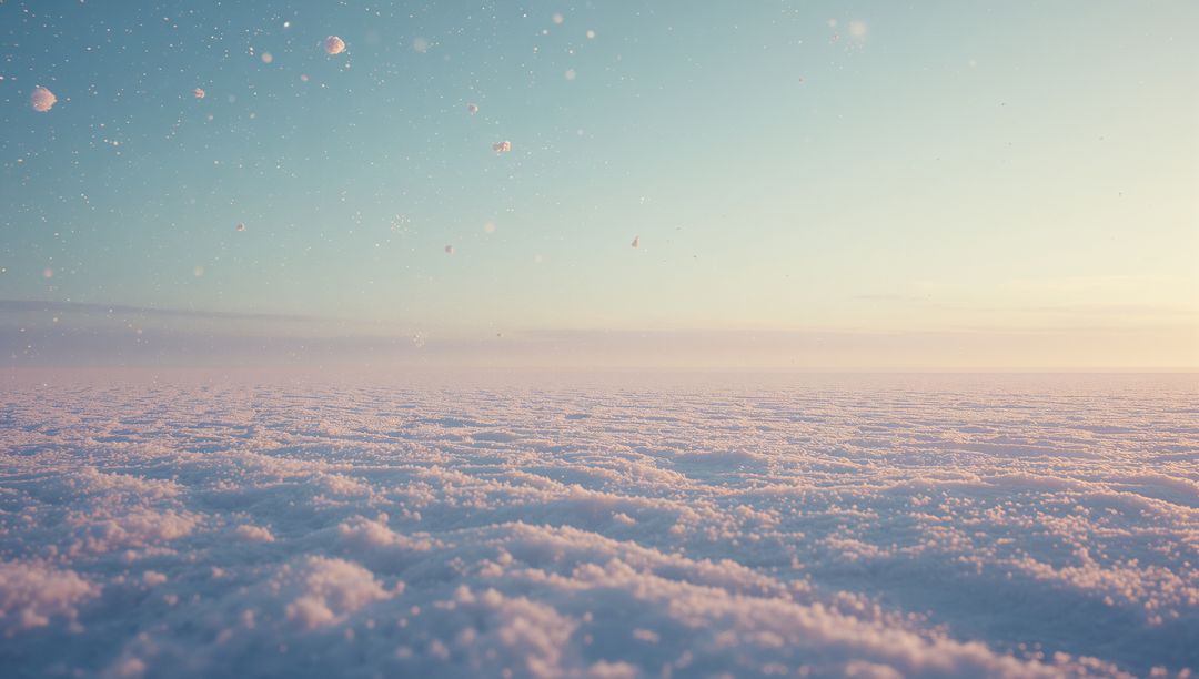 Pastel Sunrise Over Snowy Landscape with Floating Particles