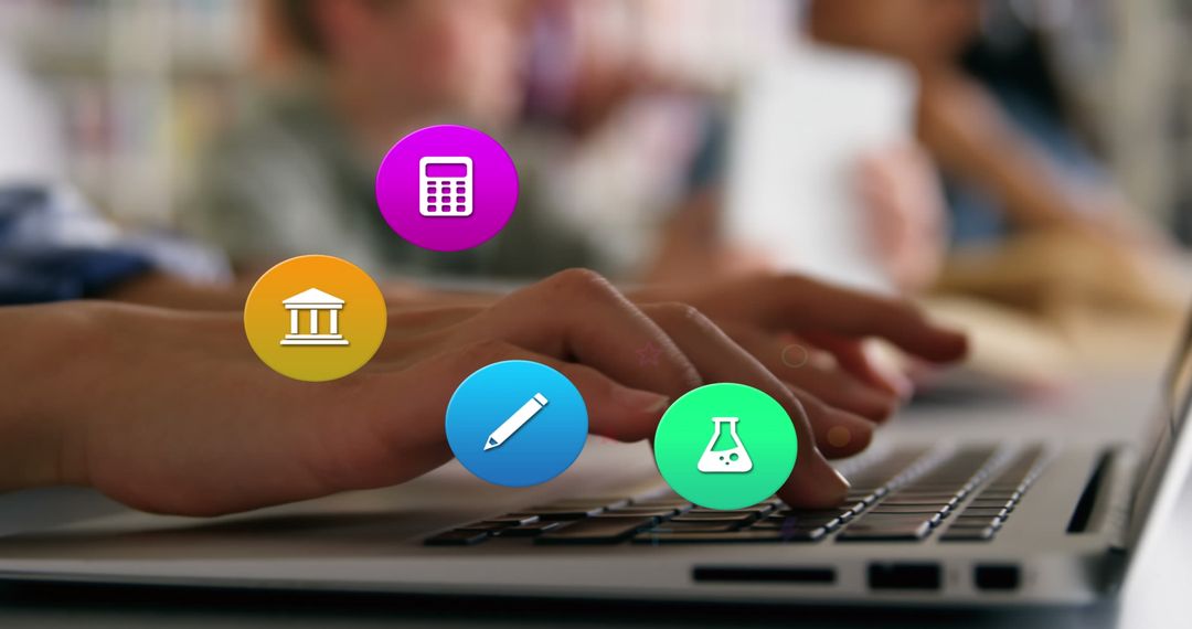 Hands Typing with Digital Education Icons Overlay