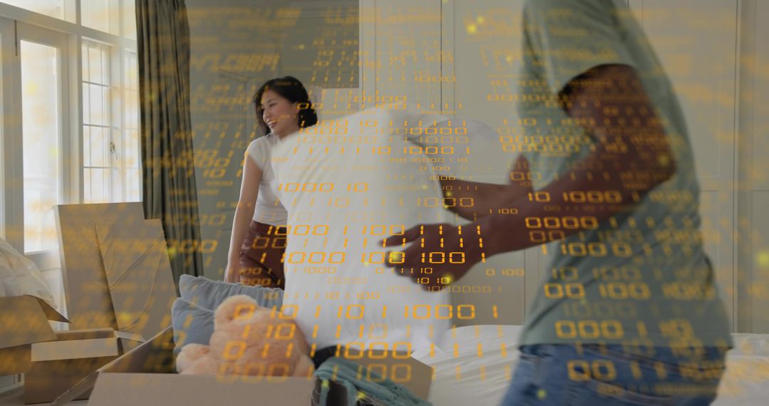 Couple Unpacking Moving Boxes in Sunlit Apartment with Digital Binary Overlay for Smart Home Tech