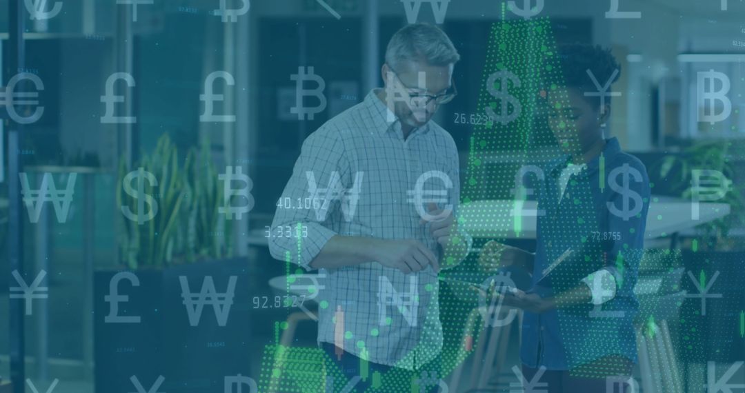 Colleagues Discussing Global Finances with Digital Currency Overlay
