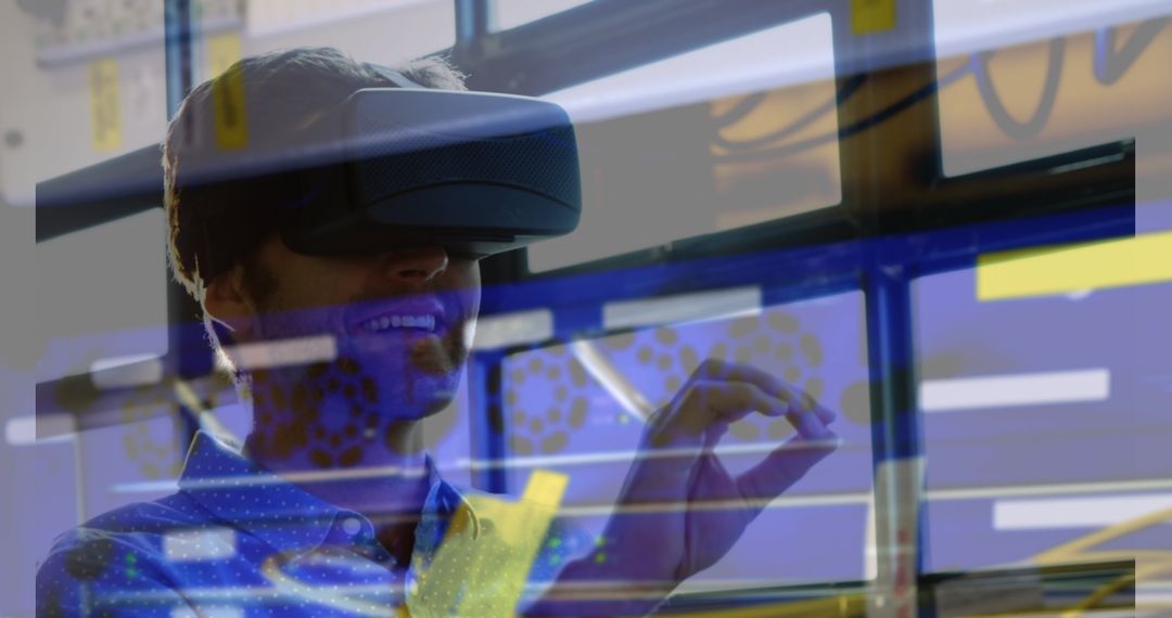 Man Wearing VR Headset with Background of Virtual Data Streams