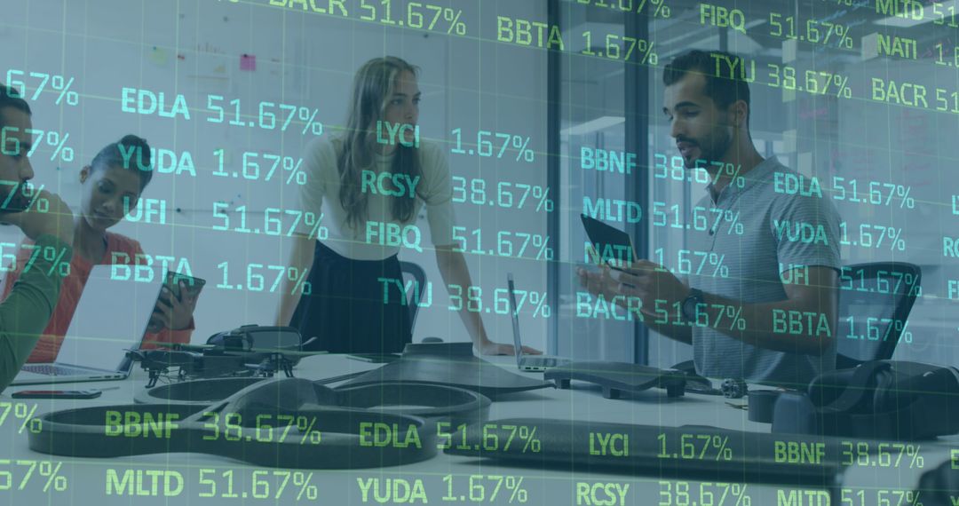 Diverse Team Analyzing Stocks with Digital Overlay in Office