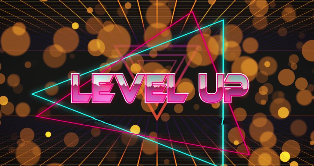 Retro Futuristic Level Up Concept with Neon Triangles and Lens Flare
