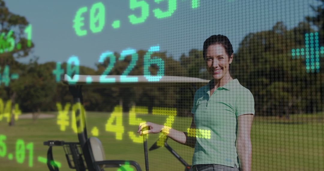 Confident Golfer with Stock Ticker on Serene Fairway