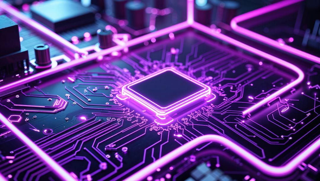 Futuristic Microchip with Neon Purple Circuitry