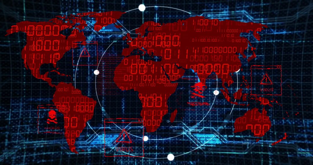 World Map Illustrating Cybersecurity Threats with Binary Overlay
