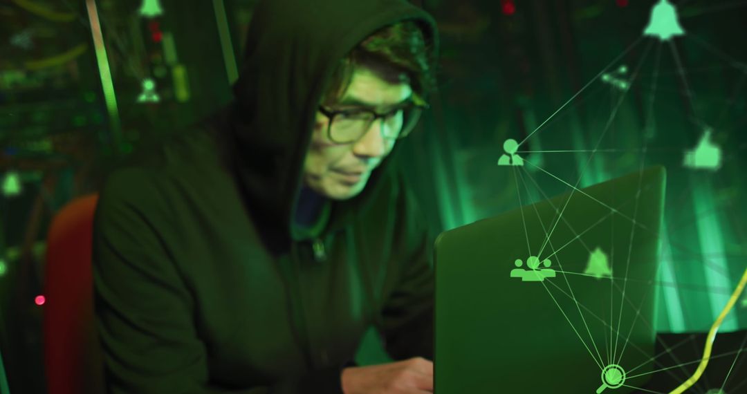 Tech Professional Analyzing Digital Connections in Cybersecurity Matrix