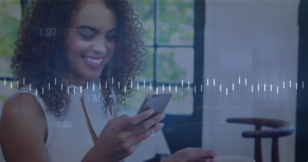 Smiling Woman Engaging with Financial Data on Smartphone