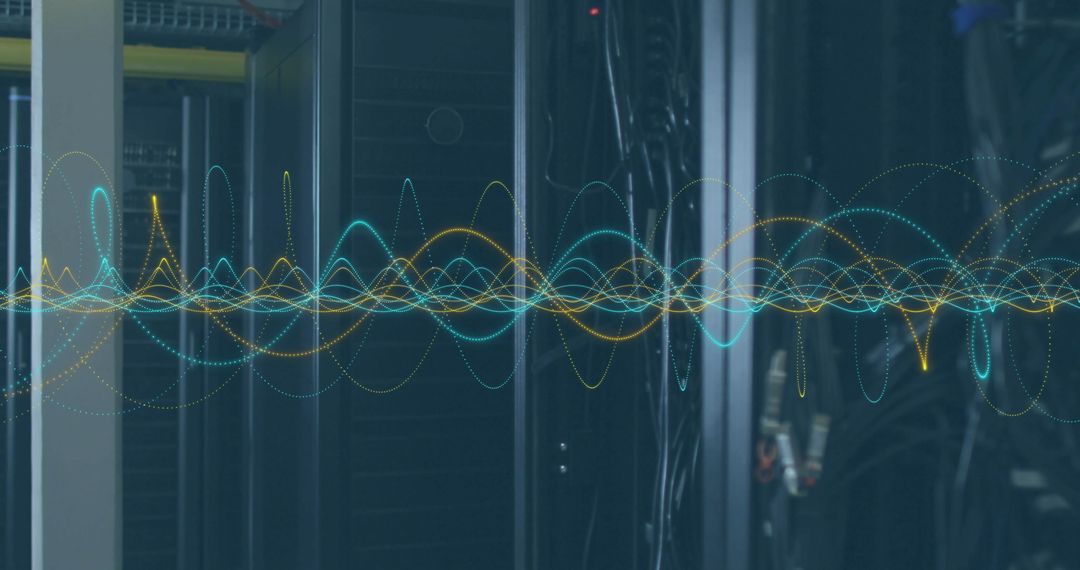 Server Room with Digital Waveforms Overlay in Data Center
