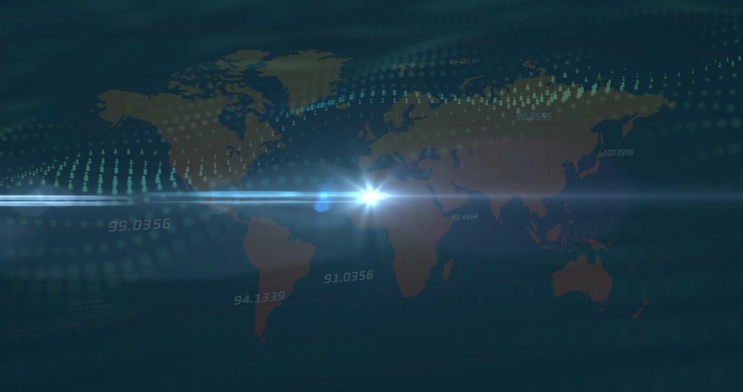Futuristic World Map Holograph with Data Points and Lens Flare