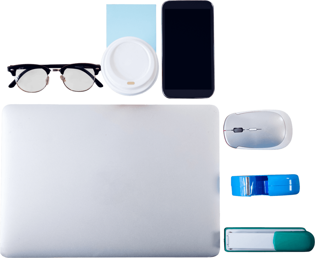 Transparent Office Flay Lay with Laptop and Accessories in High View