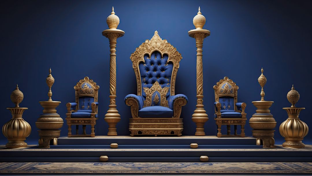 Opulent Gold and Blue Throne in Ceremonial Setting