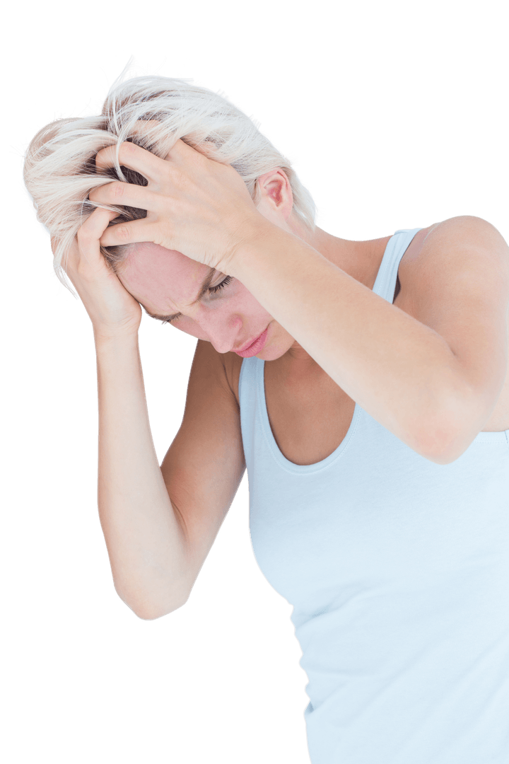 Transparent Anxiety Concept with Sad Blonde Woman Touching Forehead