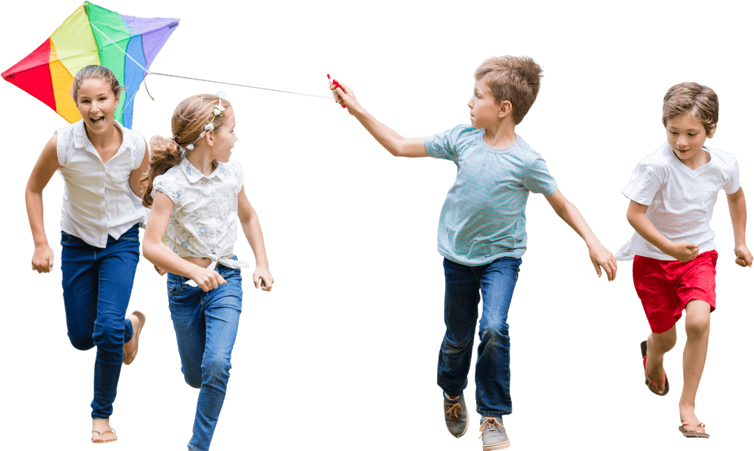 Children Running with Colorful Kite on Transparent Background