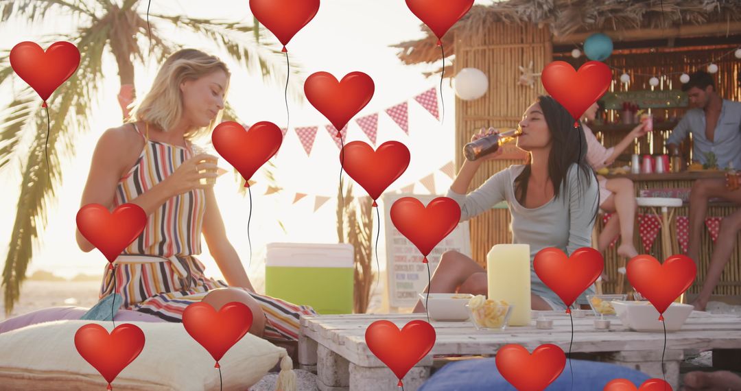 Friends Relaxing at Beach Bar with Heart Balloons Digital Overlay