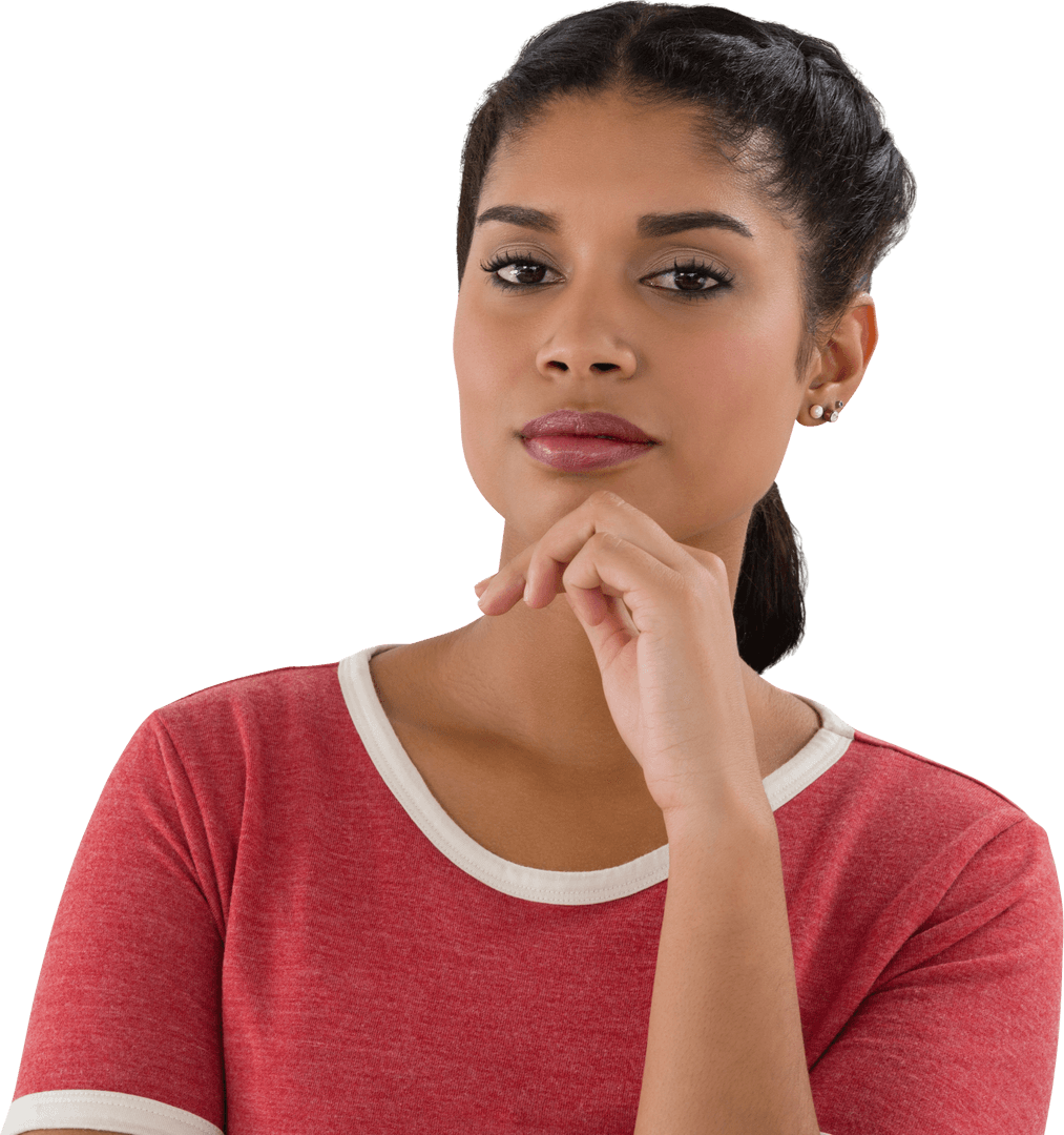 Confident Young Woman with Thoughtful Pose on Transparent Background