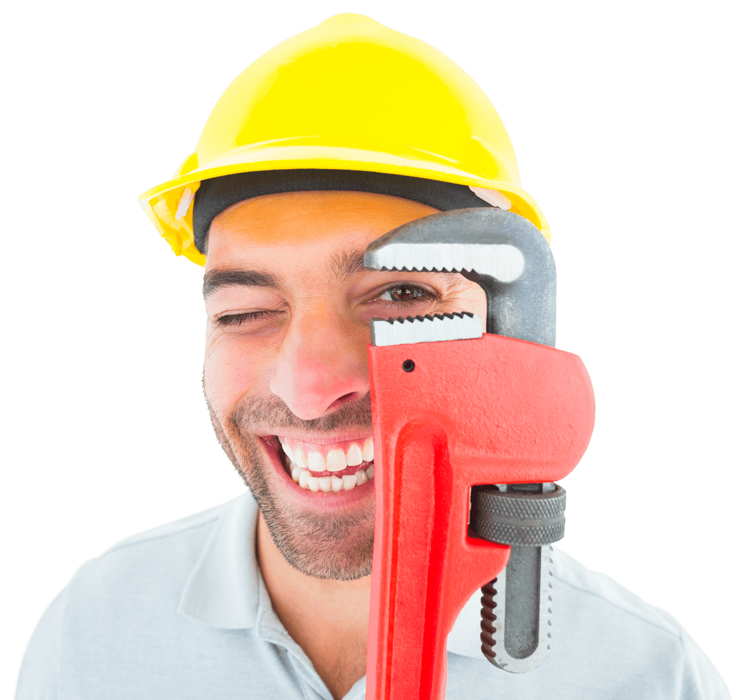 Cheerful Handyman Winking While Holding Large Monkey Wrench Transparent
