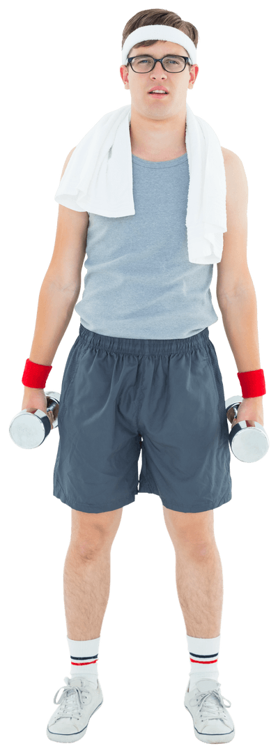 Caucasian Man Exercising with Dumbbells on Transparent Background